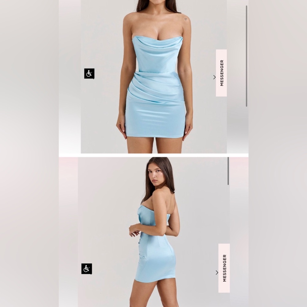 Light blue House of CB “Odelle” Mini Strapless Corset Cowel NeckDress